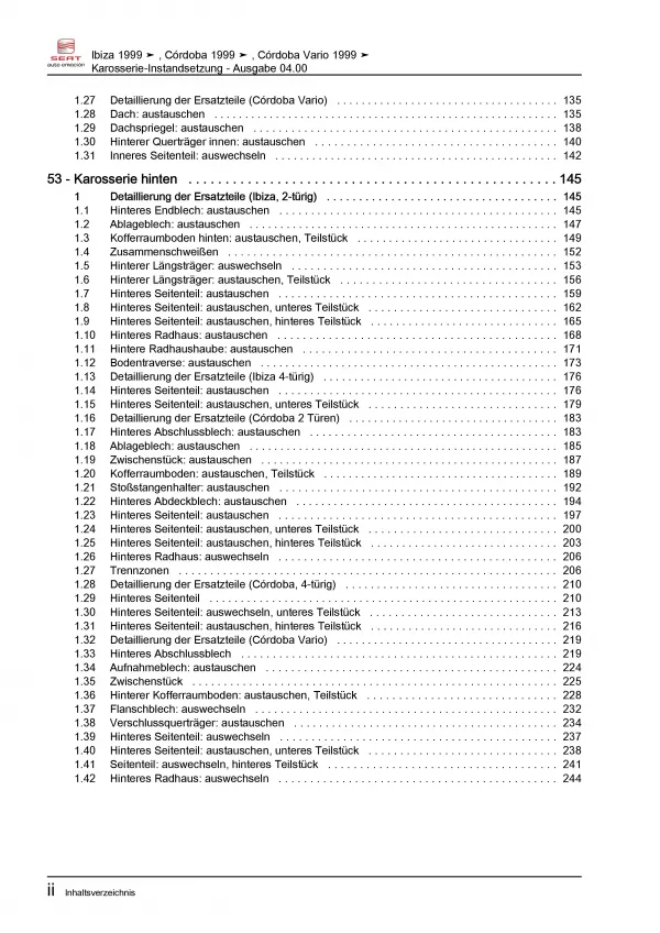 SEAT Ibiza 6K 1999-2002 Karosserie Unfall Instandsetzung Reparaturanleitung PDF