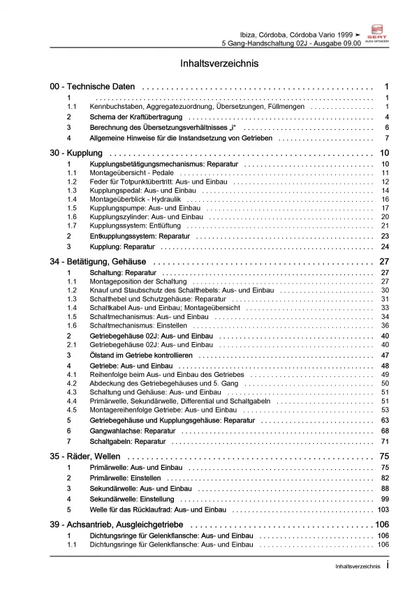SEAT Ibiza 6K (99-02) 5 Gang Schaltgetriebe 02J Kupplung Reparaturanleitung PDF