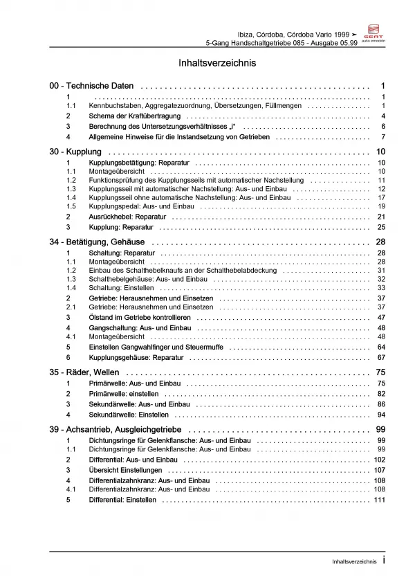 SEAT Ibiza 6K (99-02) 5 Gang Schaltgetriebe 085 Kupplung Reparaturanleitung PDF