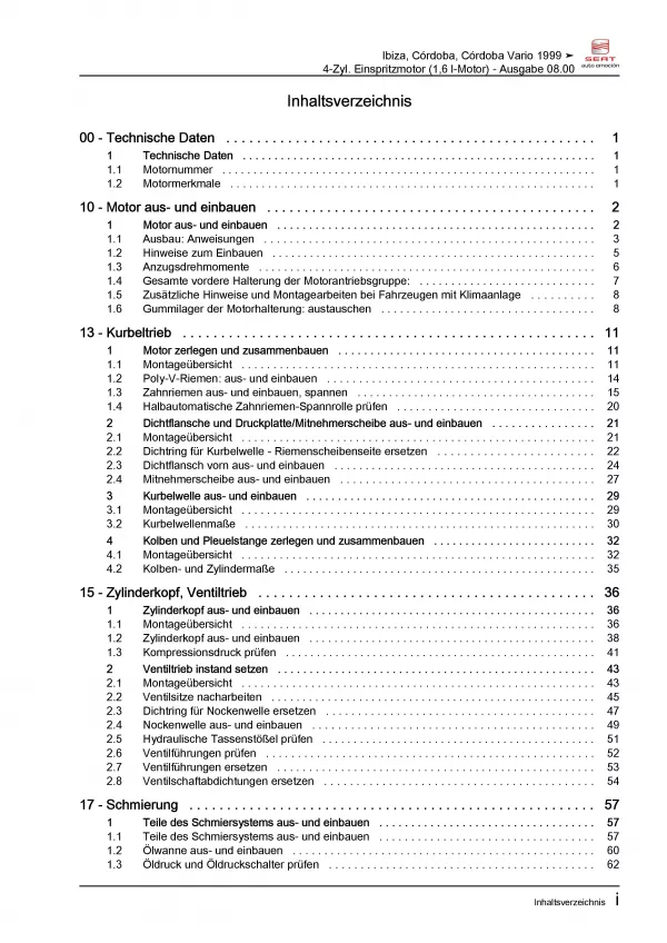 SEAT Ibiza 6K 1999-2002 4-Zyl. 1,6l Benzinmotor 100 PS Reparaturanleitung PDF