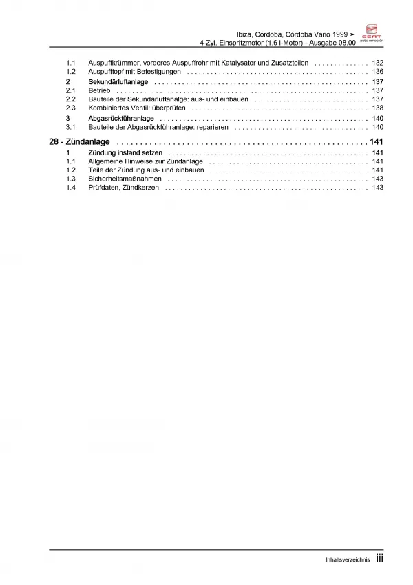 SEAT Ibiza 6K 1999-2002 4-Zyl. 1,6l Benzinmotor 100 PS Reparaturanleitung PDF