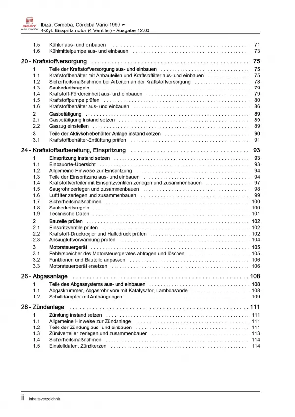 SEAT Ibiza Typ 6K 1999-2002 4-Zyl. 1,0l Benzinmotor 70 PS Reparaturanleitung PDF