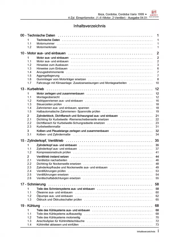 SEAT Ibiza Typ 6K 1999-2002 4-Zyl. 1,4l Benzinmotor 60 PS Reparaturanleitung
