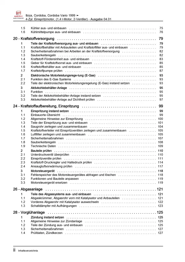 SEAT Ibiza Typ 6K 1999-2002 4-Zyl. 1,4l Benzinmotor 60 PS Reparaturanleitung PDF