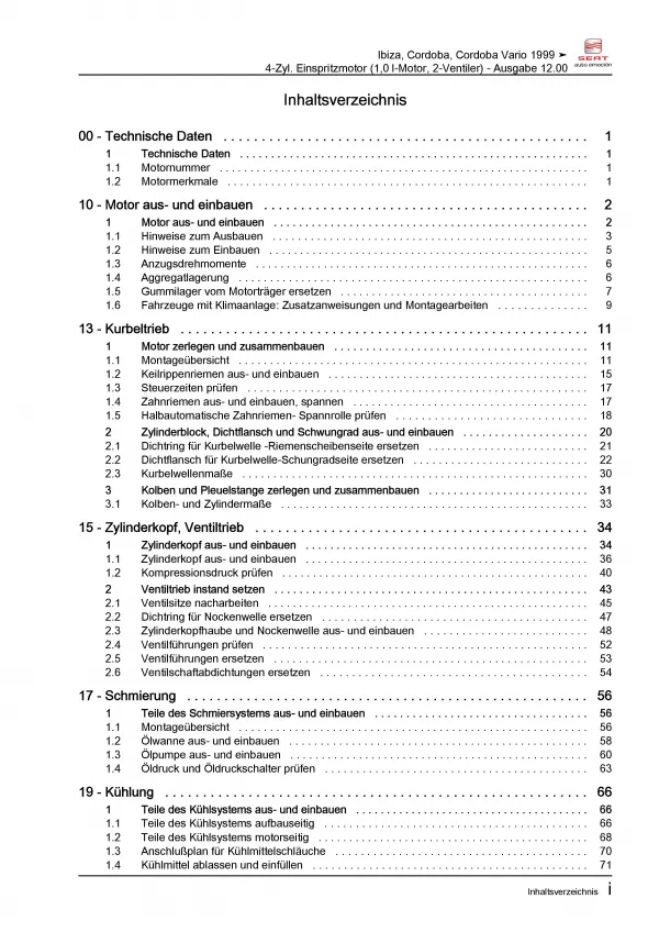SEAT Ibiza Typ 6K 1999-2002 4-Zyl. 1,0l Benzinmotor 50 PS Reparaturanleitung PDF