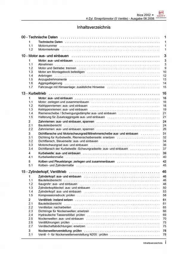 SEAT Ibiza 6L (01-08) 4-Zyl. 1,8l Benzinmotor 150-179 PS Reparaturanleitung PDF