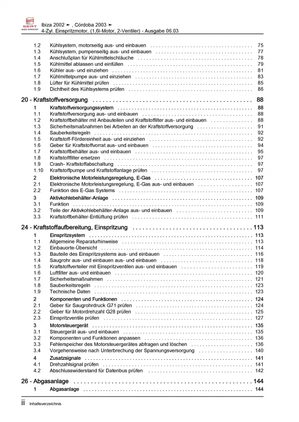 SEAT Ibiza 6L 2001-2008 4-Zyl. 1,6l Benzinmotor 100 PS Reparaturanleitung PDF