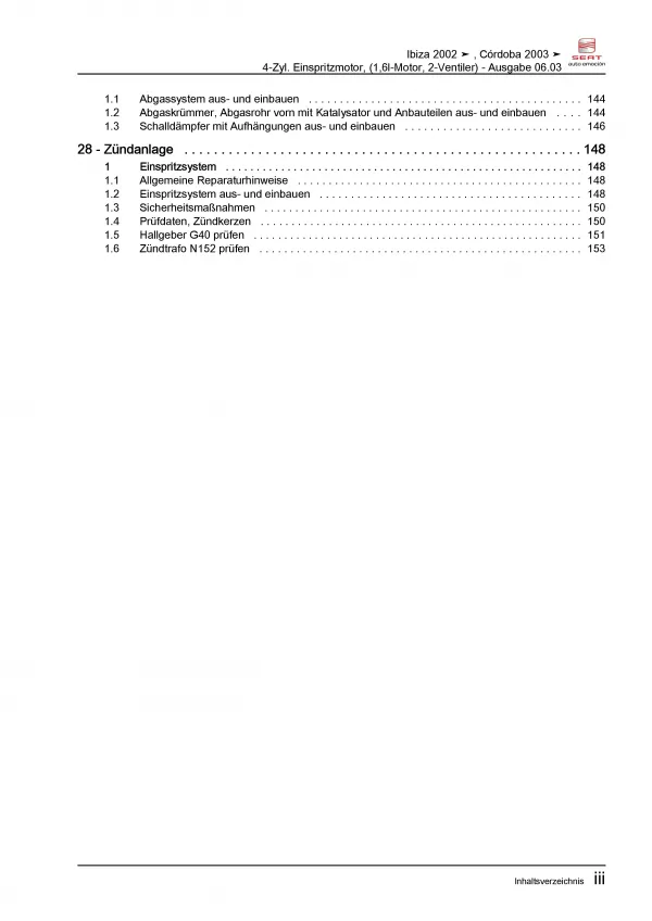 SEAT Ibiza 6L 2001-2008 4-Zyl. 1,6l Benzinmotor 100 PS Reparaturanleitung PDF