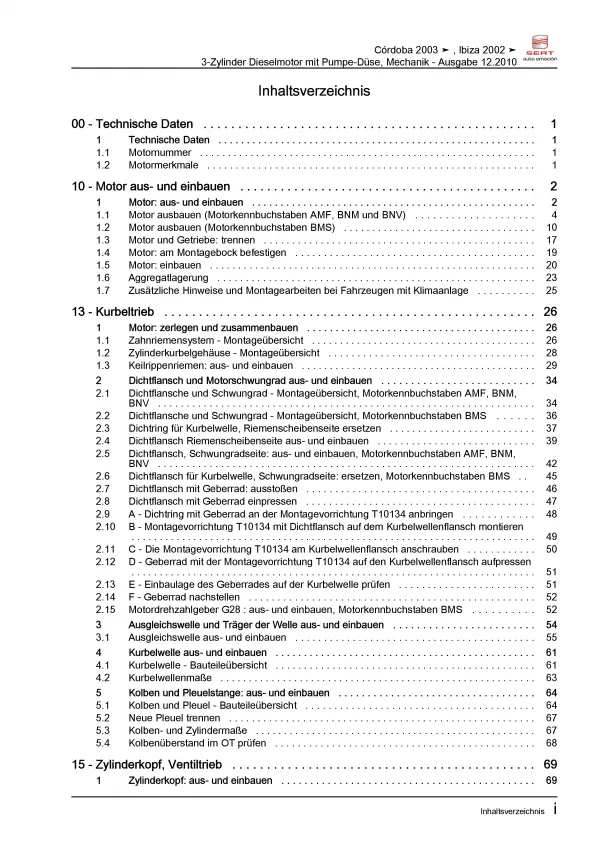 SEAT Ibiza 6L 2001-2008 3-Zyl. 1,4l Dieselmotor 68-80 PS Reparaturanleitung PDF