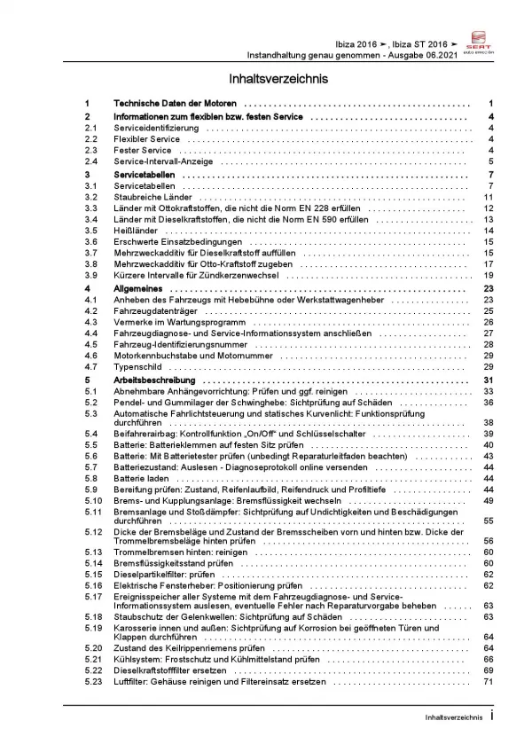 SEAT Ibiza 6P 2015-2017 Instandhaltung Inspektion Wartung Reparaturanleitung PDF