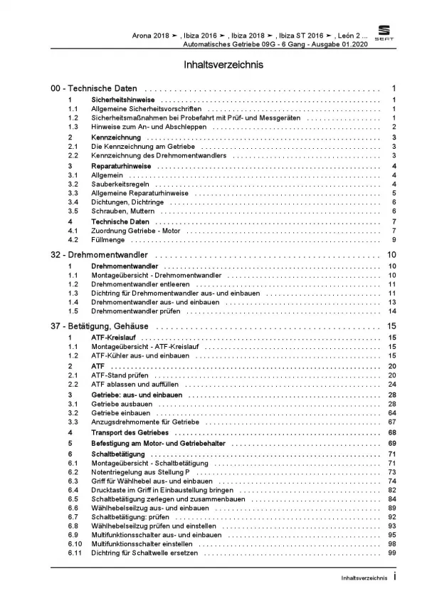 SEAT Ibiza Typ 6P 2015-2017 6 Gang Automatikgetriebe 09G Reparaturanleitung PDF