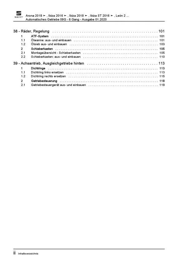 SEAT Ibiza Typ 6P 2015-2017 6 Gang Automatikgetriebe 09G Reparaturanleitung PDF