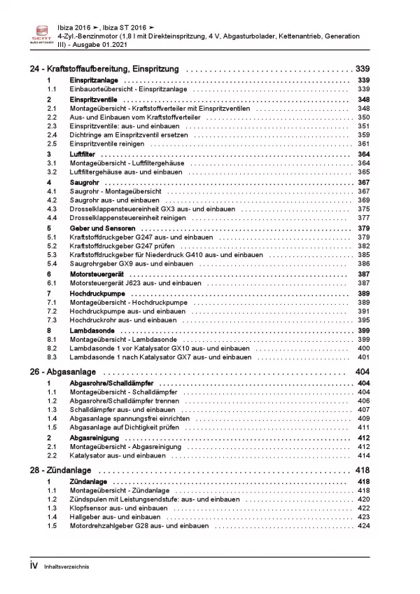 SEAT Ibiza 6P 2015-2017 4-Zyl. 1,8l Benzinmotor 192 PS Reparaturanleitung PDF