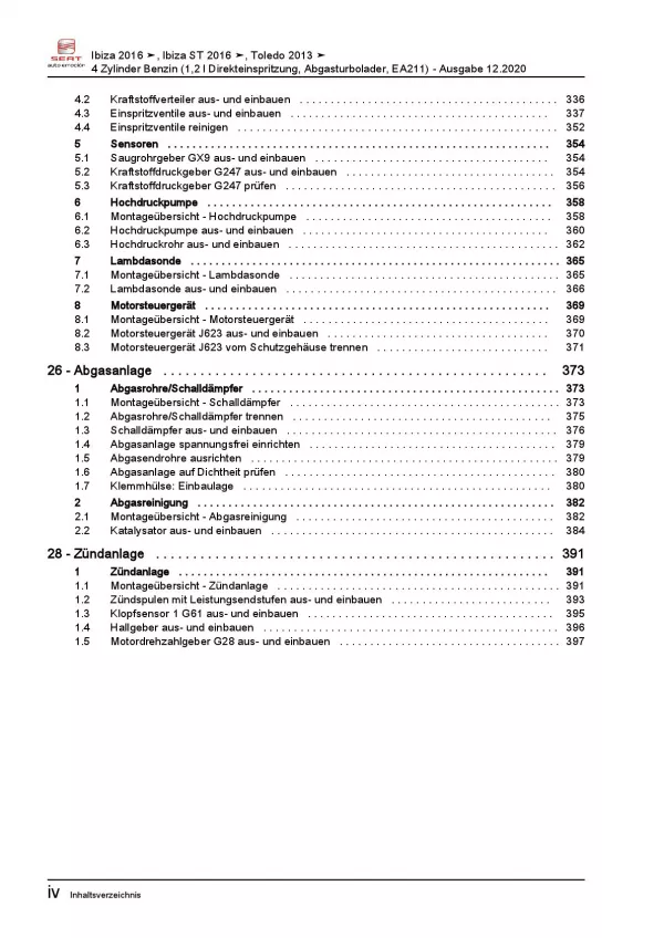 SEAT Ibiza 6P 2015-2017 4-Zyl. 1,2l Benzinmotor 90-110 PS Reparaturanleitung PDF