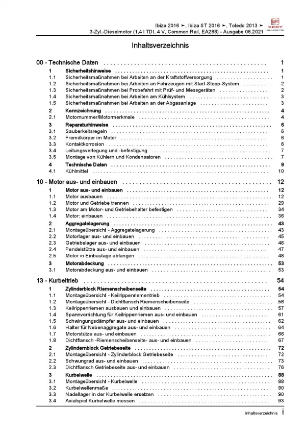 SEAT Ibiza Typ 6P 2015-2017 3-Zyl. 1,4l Dieselmotor 75-105 PS Reparaturanleitung
