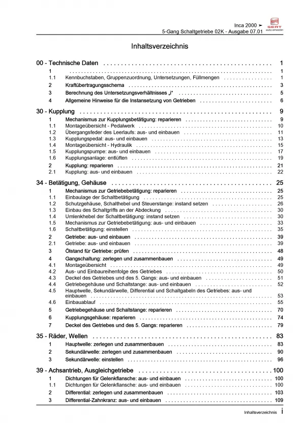 SEAT Inca 9K 1995-2004 5 Gang Schaltgetriebe 02K Kupplung Reparaturanleitung PDF