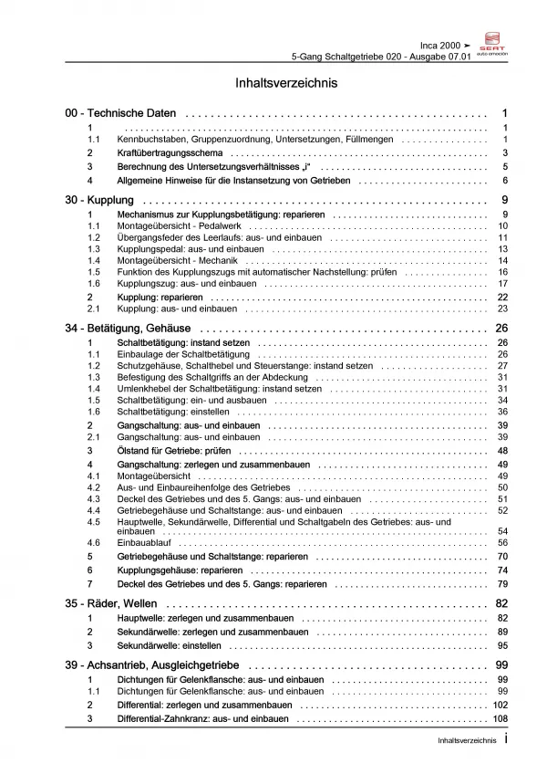 SEAT Inca 9K 1995-2004 5 Gang Schaltgetriebe 020 Kupplung Reparaturanleitug PDF