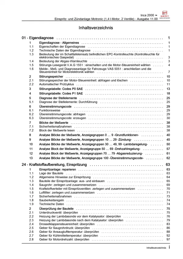 SEAT Inca 9K 1995-2004 60 PS Motronic Einspritz- Zündanlage Reparaturanleitung