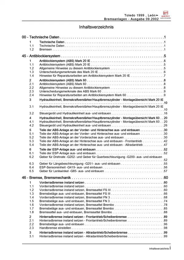 SEAT Leon Typ 1M 1999-2006 Bremsanlagen Bremsen System Reparaturanleitung PDF