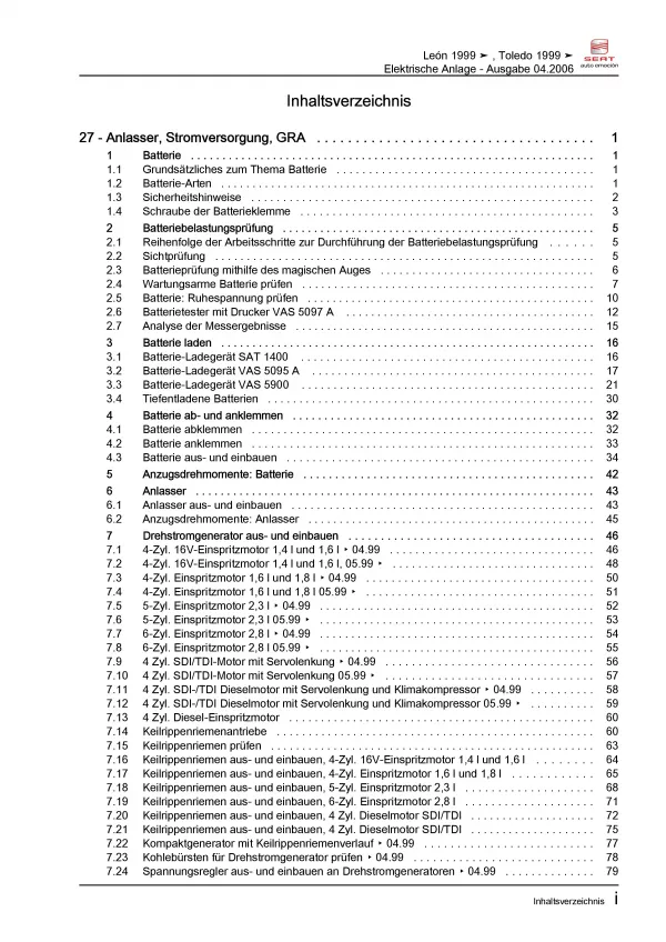 SEAT Leon 1M (99-06) Elektrische Anlage Elektrik Systeme Reparaturanleitung PDF