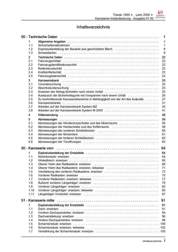 SEAT Leon 1M 1999-2006 Karosserie Unfall Instandsetzung Reparaturanleitung PDF