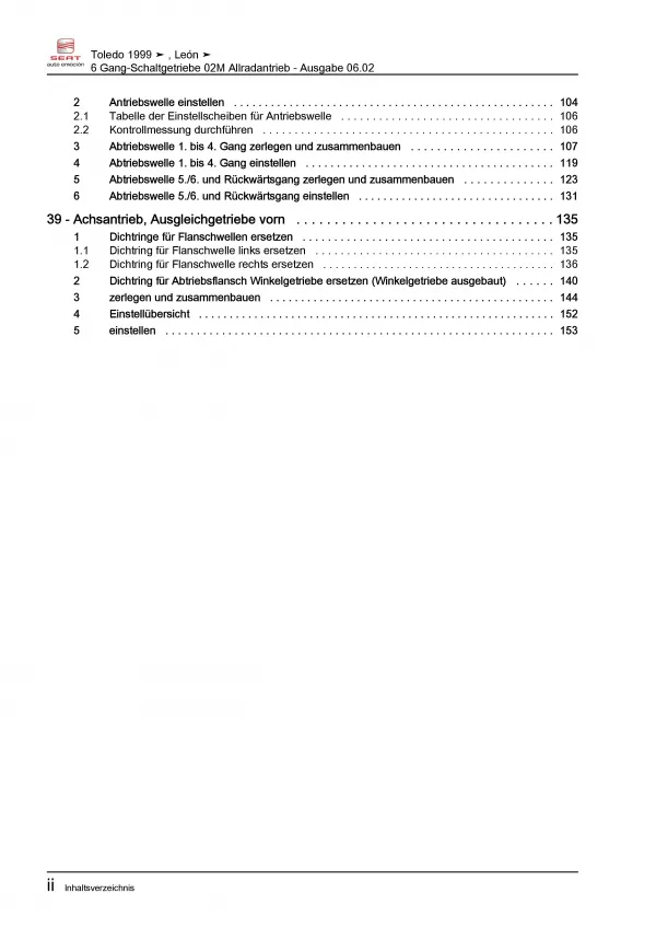 SEAT Leon 1M 1999-2006 6 Gang Schaltgetriebe 02M AWD 4WD Reparaturanleitung PDF