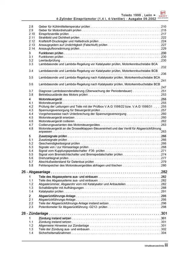 SEAT Leon 1M 1999-2006 4-Zyl. 1,4l Benzinmotor 75-105 PS Reparaturanleitung PDF