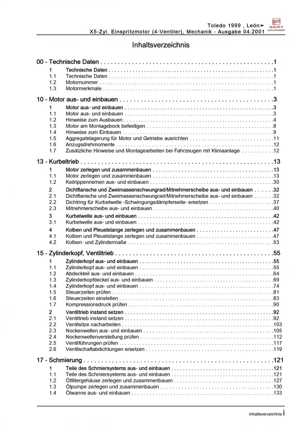 SEAT Leon 1M 1999-2006 5-Zyl. Benzinmotor Mechanik 170 PS Reparaturanleitung PDF