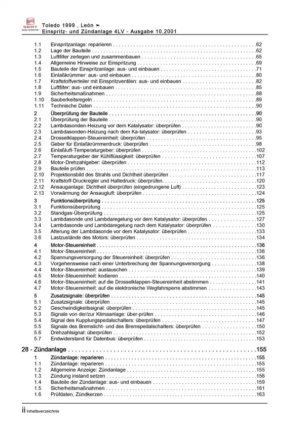 SEAT Leon 1M 1999-2006 4LV Einspritz- Zündanlage 105 PS Reparaturanleitung PDF