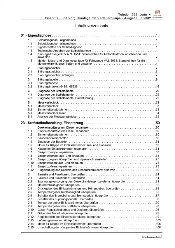 SEAT Leon 1M (99-06) Diesel Einspritz Vorglühanlage 68 PS Reparaturanleitung PDF