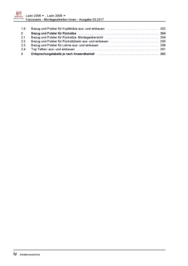 SEAT Leon 1P 2005-2012 Karosserie Montagearbeiten Innen Reparaturanleitung PDF