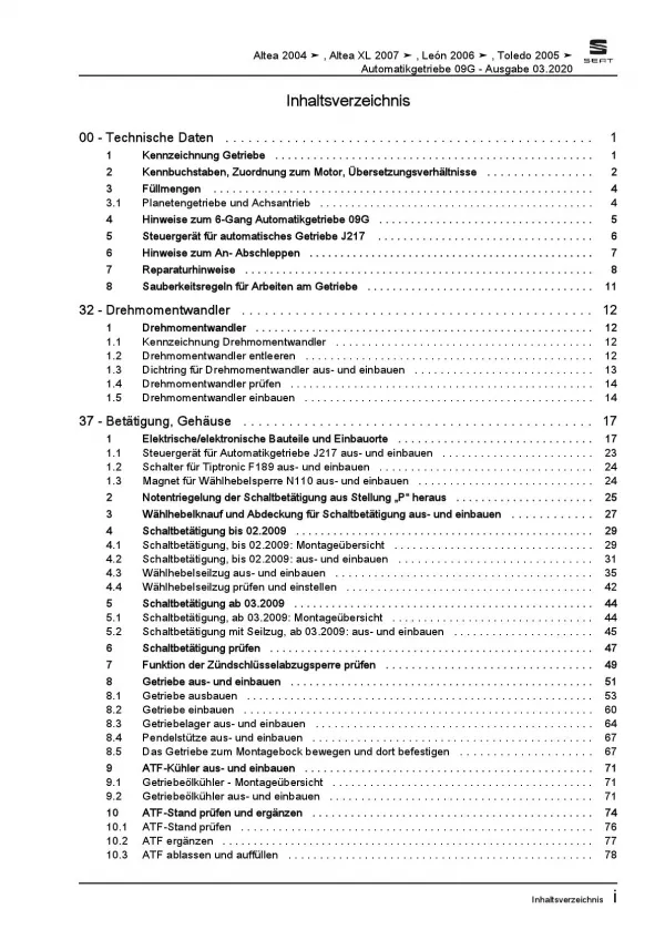 SEAT Leon Typ 1P 2005-2012 6 Gang Automatikgetriebe 09G Reparaturanleitung PDF