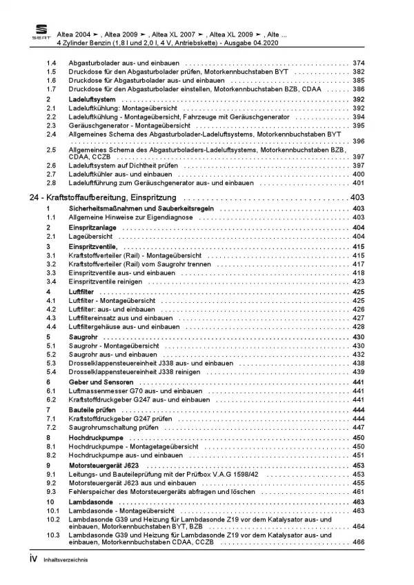 SEAT Leon 1P 2005-2012 1,8l 2,0l Benzinmotor 160-211 PS Reparaturanleitung PDF