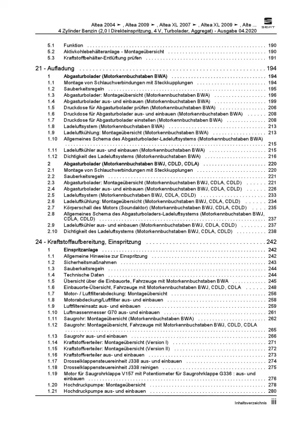 SEAT Leon 1P 2005-2012 4-Zyl. 2,0l Benzinmotor 200-265 PS Reparaturanleitung PDF