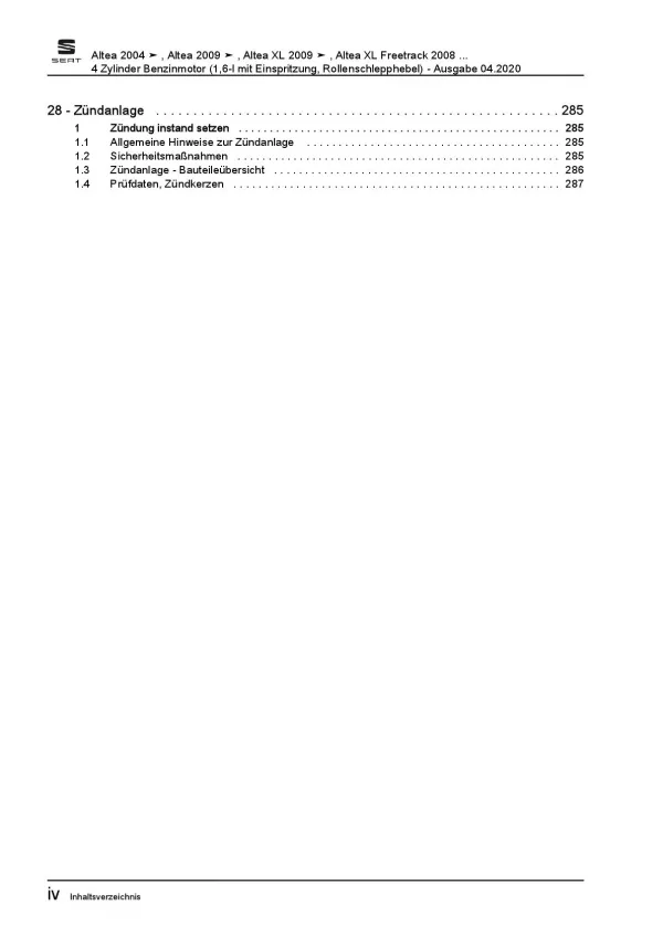 SEAT Leon Typ 1P 2005-2012 4-Zyl. 1,6l Benzinmotor 102 PS Reparaturanleitung PDF