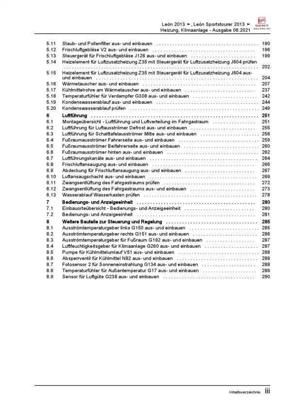 SEAT Leon Typ 5F 2012-2020 Heizung Belüftung Klimaanlage Reparaturanleitung PDF