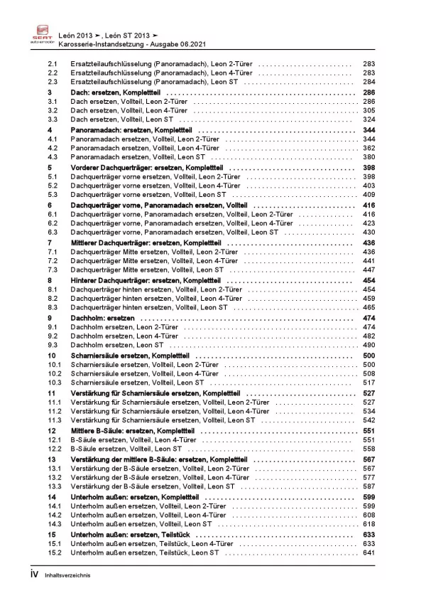 SEAT Leon 5F 2012-2020 Karosserie Unfall Instandsetzung Reparaturanleitung PDF