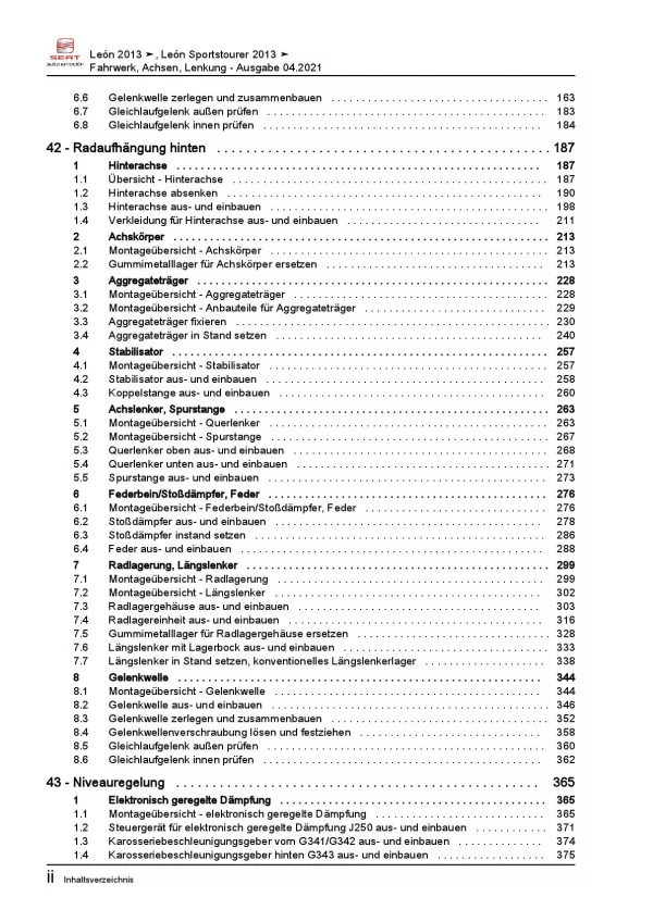 SEAT Leon Typ 5F 2012-2020 Fahrwerk Achsen Lenkung Reparaturanleitung PDF