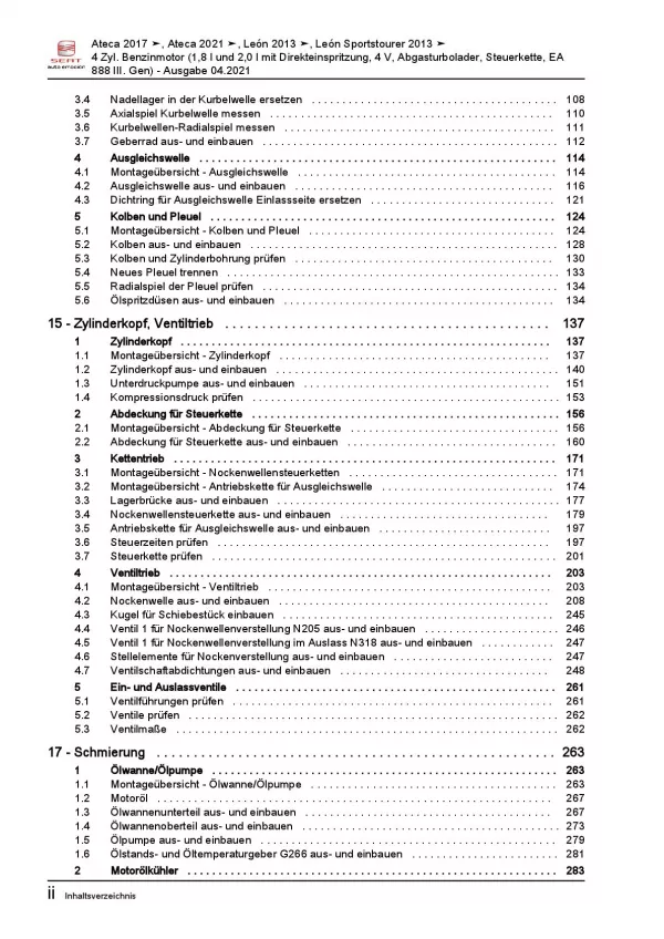 SEAT Leon 5F 2012-2020 1,8l 2,0l Benzinmotor 179-310 PS Reparaturanleitung PDF