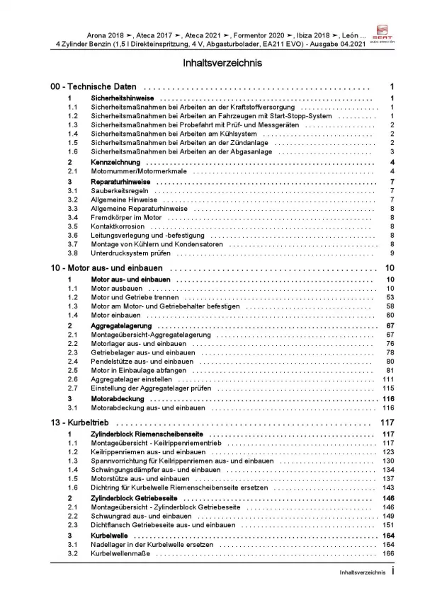 SEAT Leon Typ 5F 2012-2020 4-Zyl. 1,5l Benzinmotor 123-150 PS Reparaturanleitung