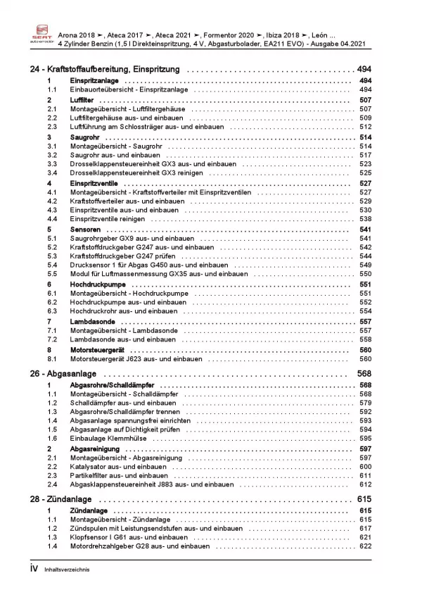 SEAT Leon 5F 2012-2020 4-Zyl. 1,5l Benzinmotor 123-150 PS Reparaturanleitung PDF