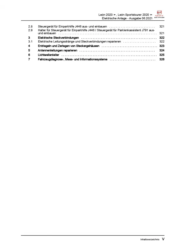 SEAT Leon KL ab 2019 Elektrische Anlage Elektrik Systeme Reparaturanleitung PDF