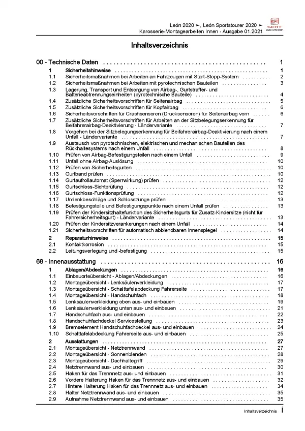 SEAT Leon Typ KL ab 2019 Karosserie Montagearbeiten Innen Reparaturanleitung PDF
