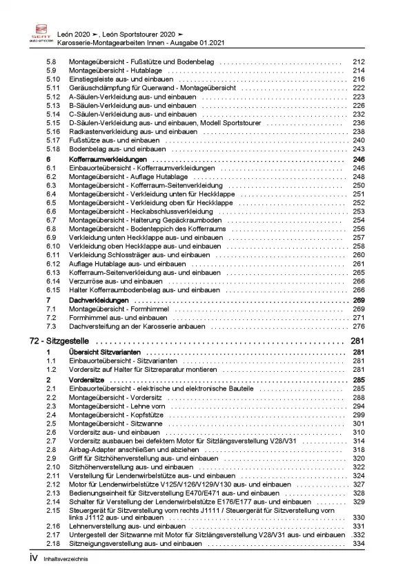 SEAT Leon Typ KL ab 2019 Karosserie Montagearbeiten Innen Reparaturanleitung PDF