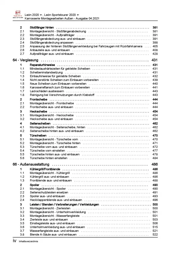 SEAT Leon Typ KL ab 2019 Karosserie Montagearbeiten Außen Reparaturanleitung PDF