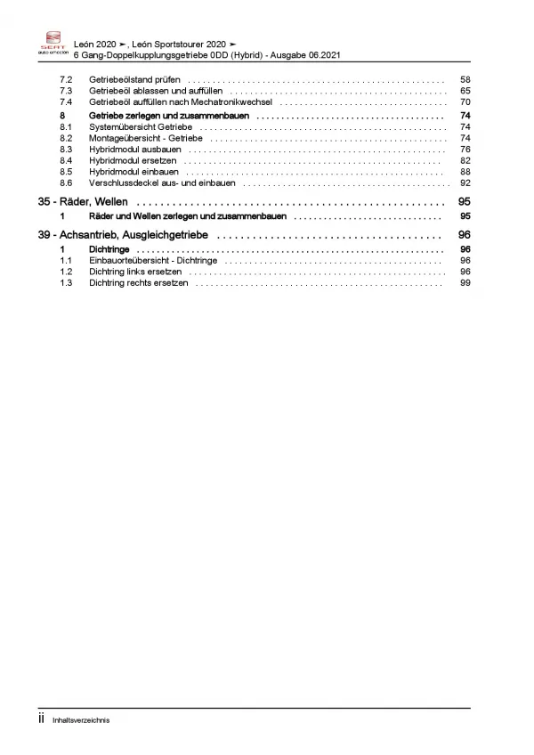 SEAT Leon KL ab 2019 6 Gang Automatikgetriebe DSG DKG 0DD Reparaturanleitung PDF