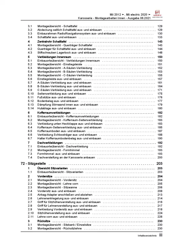 SEAT Mii AA 2011-2019 Karosserie Montagearbeiten Innen Reparaturanleitung PDF