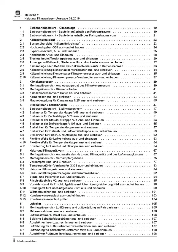 SEAT Mii Typ AA 2011-2019 Heizung Belüftung Klimaanlage Reparaturanleitung