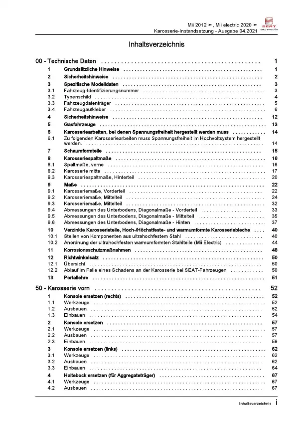 SEAT Mii AA 2011-2019 Karosserie Unfall Instandsetzung Reparaturanleitung PDF