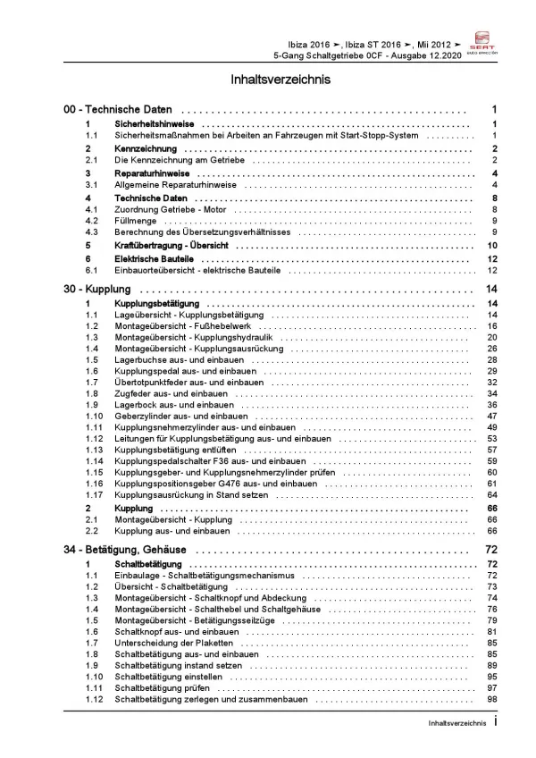 SEAT Mii AA 2011-2019 5 Gang Schaltgetriebe 0CF Kupplung Reparaturanleitung PDF